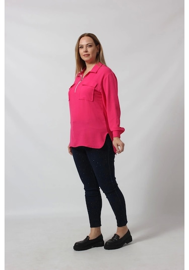 Moda Berray 3055 Yaka Fermuarlı Yandan Yırtmaçlı Gömlek Pembe