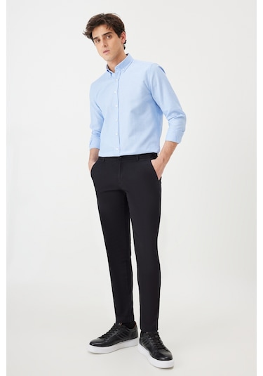 AC&Co / Altınyıldız Classics Tailored Slim Fit Dar Kesim Düğmeli Yaka Oxford Erkek Gömlek Mavi