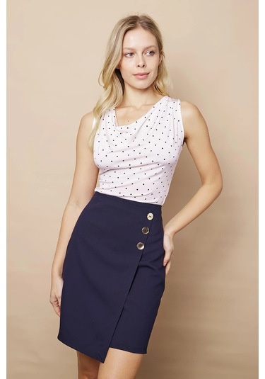 Kadın Arkadan Fermuarlı Düğme Detaylı Hafif Likralı Kumaş Diz Üstü Kalem Etek-lacivert Lacivert