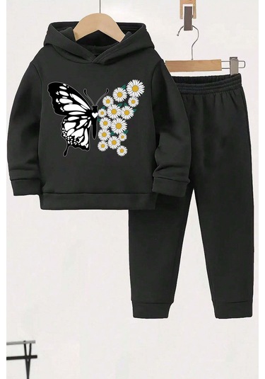 Papatya Kelebek Baskılı Çocuk Rahat Eşofman Takımı Siyah