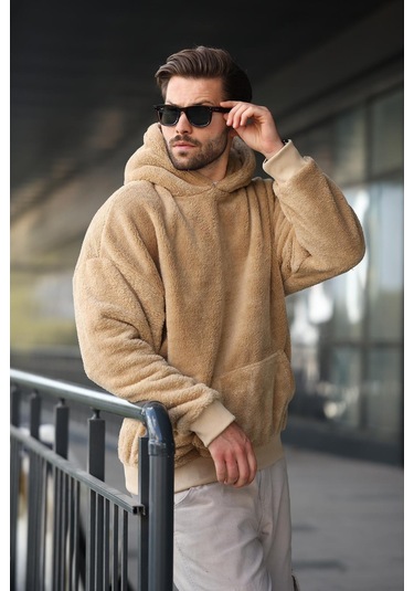 Bej Peluş Kapüşonlu Erkek Sweatshirt 6050 Bej