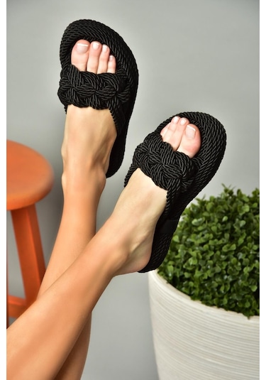 Fox Shoes S596022704 Siyah Halat İpli Hasır Terlik Siyah