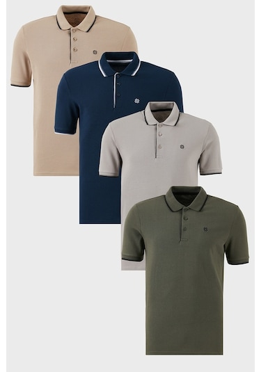 Buratti Pamuklu Slim Fit Şerit Detaylı Düğmeli Polo Yaka 4'Lü Paket Erkek T Shirt 5902118S4 Haki-Indigo-Taş-Vizon