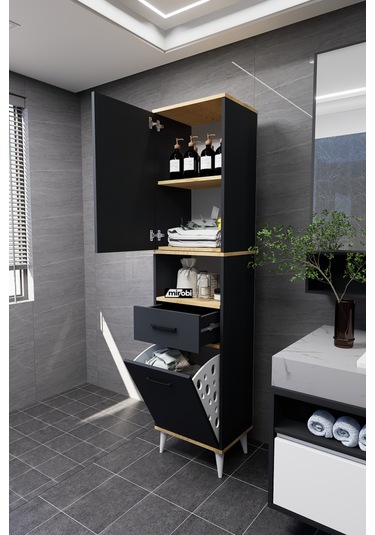 Lula Çok Amaçlı Dolap Banyo Dolabı Kirli Çamaşır Sepeti Dolabı Antrasit Antrasit