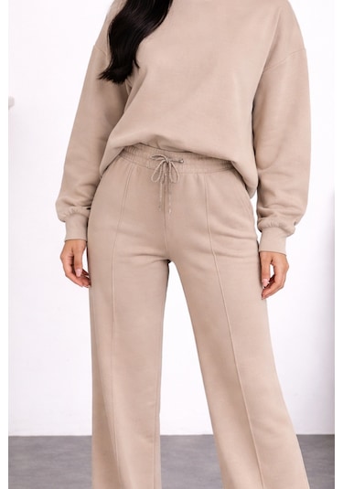 Balenbi Oversize Bisiklet Yaka Basic Modal Kadın Takım 1206 - Form Serisi Bej