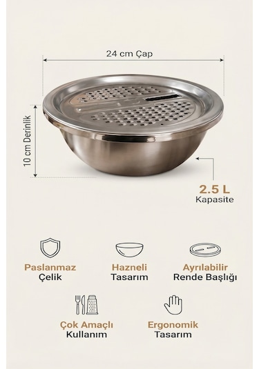 Çelik Hazneli Rende Seti, 24 Cm Çap, 2.5 L Kapasiteli, 10 Cm Derinlik Gümüş