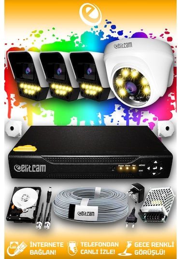 Elitcam 4 Kameralı Süper 1 İç Kamera Set 250 GB 5 MP 2K Net Renkli Gece Görüşlü Güvenlik Kamerası Sistemi