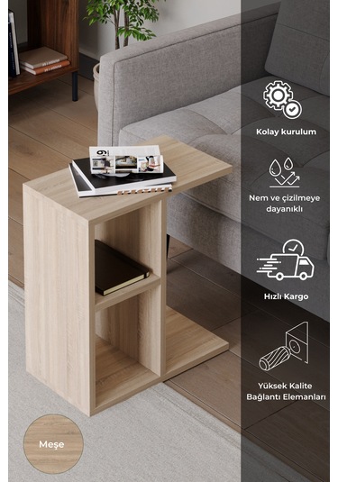 Bafa C Sehpa Servis Sehpası Yan Sehpa Zigon Sehpa Koltuk Sehpası Meşe