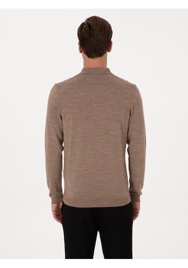 Cacharel Vizon Slim Fit Yün Karışımlı Polo Yaka Basic Triko Kazak Kahverengi