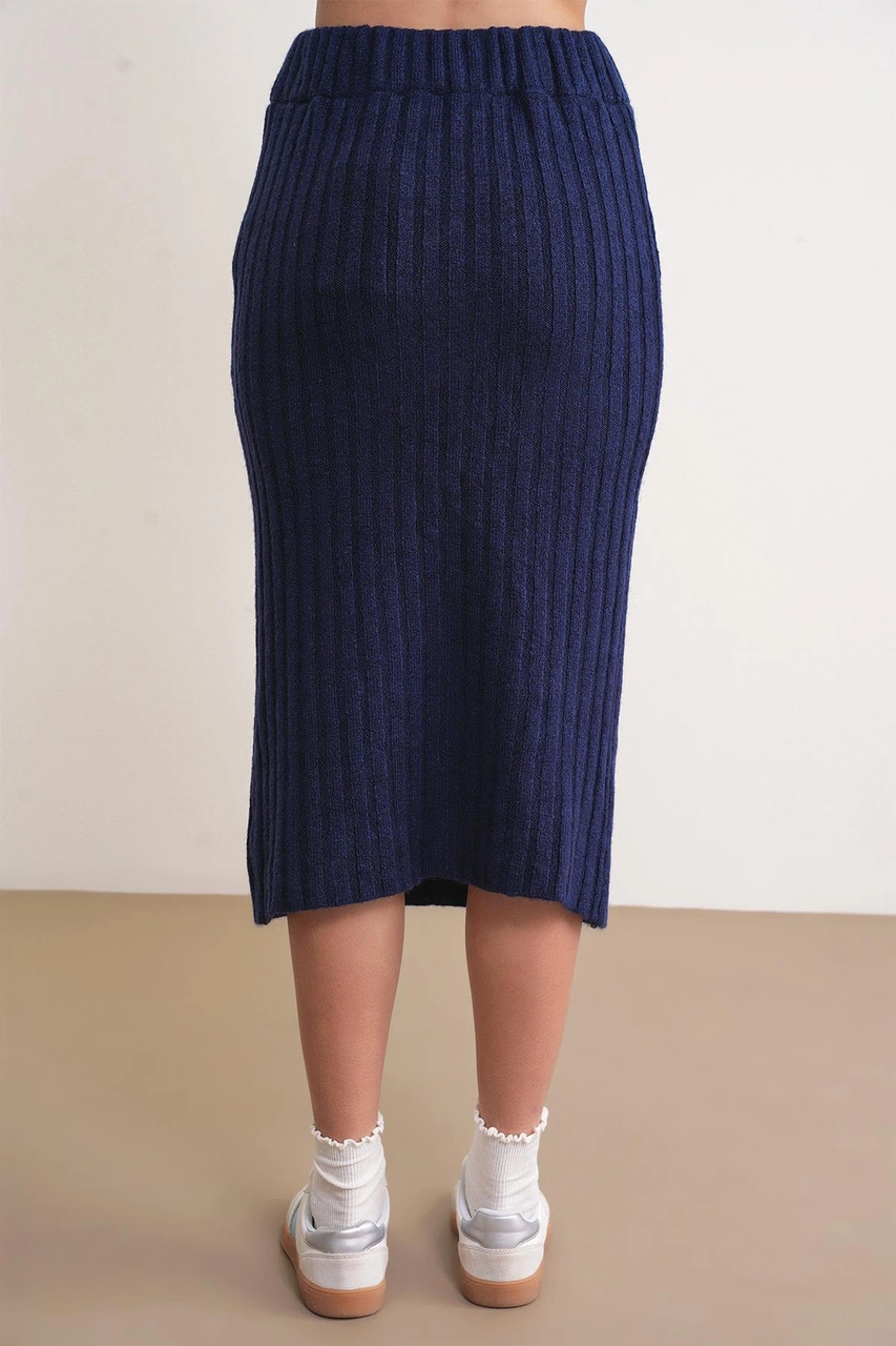 6929 Kadın Fitilli Triko Etek Lacivert Lacivert