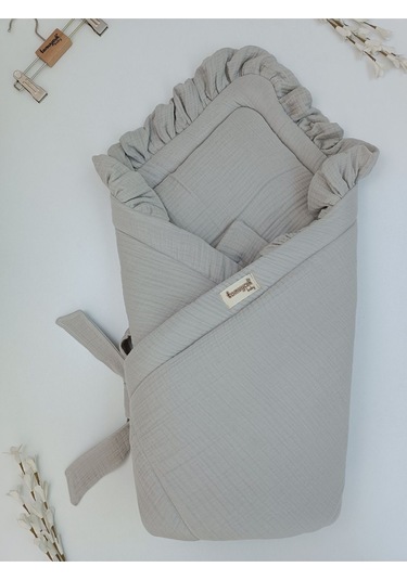 Ekru 4 Kat Müslin Bebek Battaniyesi %100 Pamuklu Doğal Organik Uyku Kundağı Hastane Çıkışı Yenidoğan Gri