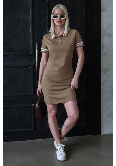 Madmext Kahverengi Polo Yaka Şerit Detaylı Kadın Elbise Mg2344