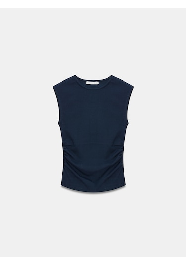 Dilvin 21054 Büzgülü Basic T-shirt-Koyu Lacivert