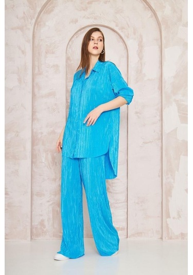 Kadın Pliseli Beli Lastikli Pantolon Tunik Gömlek Ikili Bürümcük Salaş Takım 3573300 Mavi