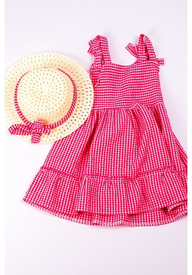 Kız Çocuk Şapkalı Elbise Kareli Fiyonklu B33 Pembe