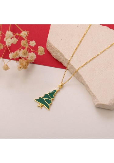 925 Ayar Gümüş Yılbaşı Hediyesi Mineli Çam Ağacı Kolye Gold