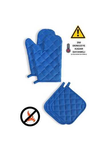 Yanmaz Ve Isıya Dayanıklı Fırın Eldiveni Ve Tutacak 2 Eldiven, 2 Tutacak Mavi