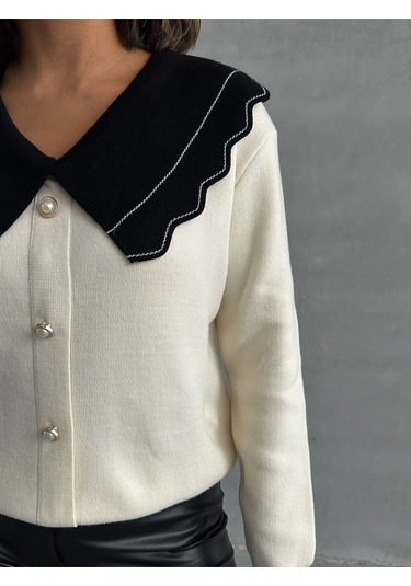 Kadın Yaka Detaylı Triko Bluz Ekru