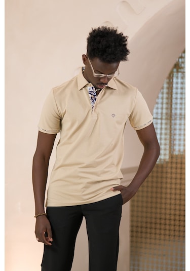 Paul Martin Regular Fit Yaka Garnili Pamuklu Polo Yaka T-shirt krem