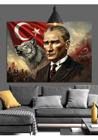Atatürk Ve Kurt Resmi Dekoratif Kanvas - Mdf Ahşap Tablo