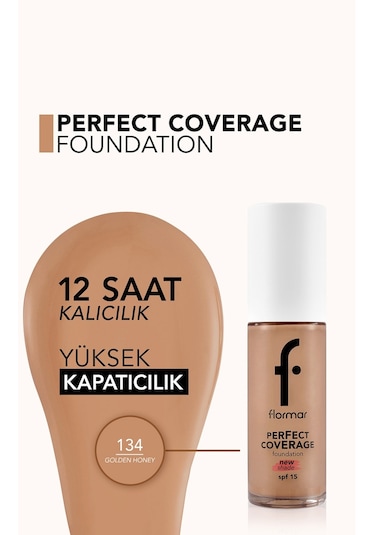 Flormar Perfect Coverage Yoğun Kapatıcı Su Bazlı Fondöten (Sıcak Alt Ton) -134 Golden Honey -8682536070614