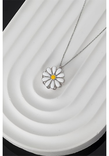 925 Ayar Gümüş Rodyumlu Döner Gövdeli Papatya Bayan Stres Kolye