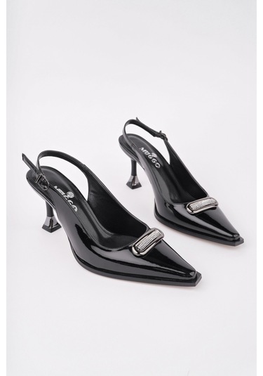 Muggo Heels Arkası Açık Toka Detaylı Günlük Klasik Topuklu Kadın Stiletto Ayakkabı Siyah-Rugan