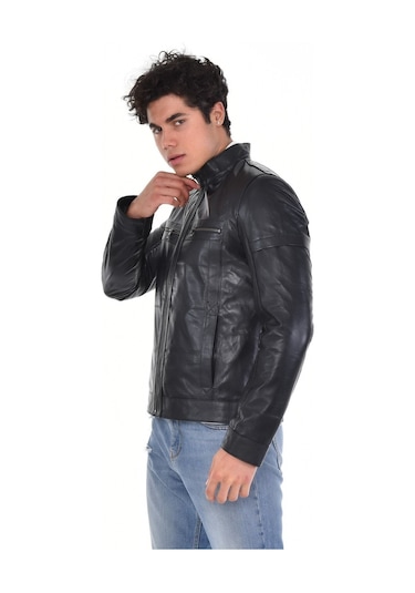 Hakiki Deri Siyah Erkek Deri Mont Hakim Yaka Üst Ve Yandan Fermuarlı Cep Detaylı Deri Ceket Siyah