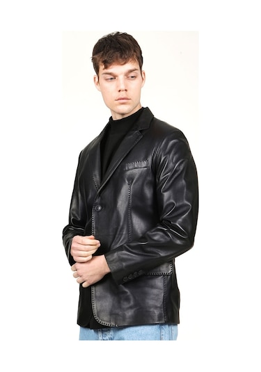 Dericlub Erkek Venedik Kruvaze Yaka Hakiki Deri Blazer Ceket Siyah Siyah