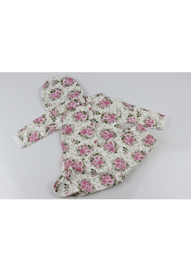 Güllü Çiçek Empirme Şapkalı Zıbın Pembe