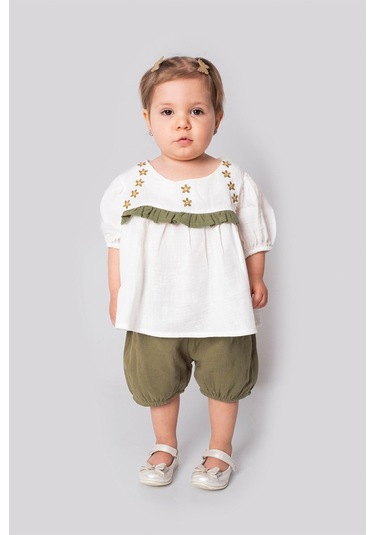 Marvello 18 - 24 Aylık Kız Bebek Roba Nakışlı Müslin Ikili Takım %100 Pamuk Yazlık Bluz Ve Şort Çok Renkli