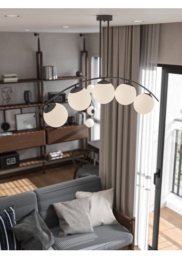 Lal Modern Siyah 5 Li Beyaz Cam Küre Avize Yay Formlu