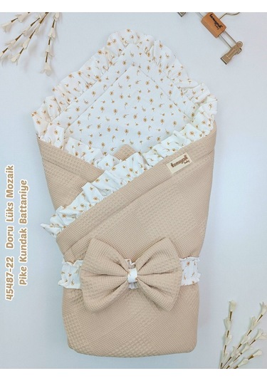 Pike Bebek Battaniyesi Dış Kundağı %100 Pamuklu Çiçek Desenli Yenidoğan Hastane Çıkışı Mevsimlik Sütlü Kahve