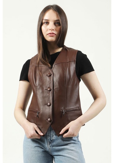 Dericlub Vittoria Kadın Düğmeli Slim Fit Hakiki Deri Yelek Fındık Fındık