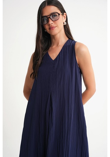 4700 Kadın V Yaka Önü Pileli Elbise Lacivert Lacivert