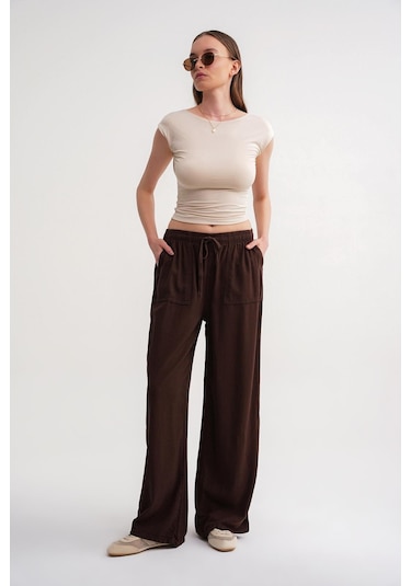 4629 Kadın Bol Paça Yüksek Bel Viskon Palazzo Pantolon Kahve Kahve