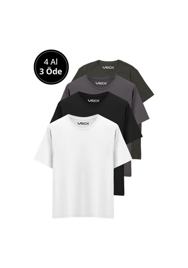 Erkek 4 Lü Paket %100 Pamuk Oversize Tişört Basic Bisiklet Yaka Kısa Kollu T-shirt Gri