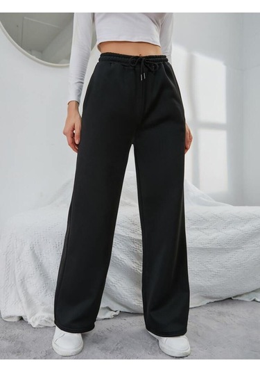 Kallima Kışlık Polarlı Yüksek Bel Siyah Bol Paça Eşofman Altı Siyah