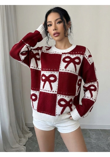Sayzen Your Shine Kurdele Işlemeli Kareli Oversize Kazak Sy-2502 Bordo