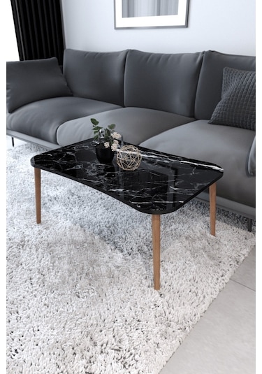 Esma Orta Sehpa Ve Zigon Sehpa 4'Lü Ahşap Ayaklı - Siyah Mermer