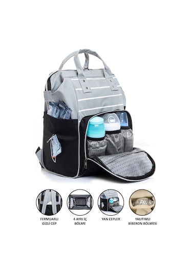 Anne Bebek Bakım Sırt Çantası Gri Çizgili Termos Bölmeli Gri