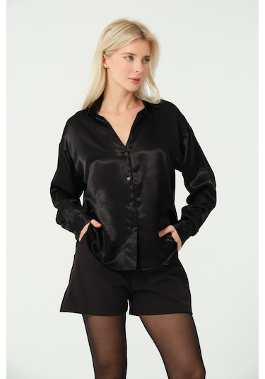 S'amore Clothing Basic Saten Gömlek Siyah
