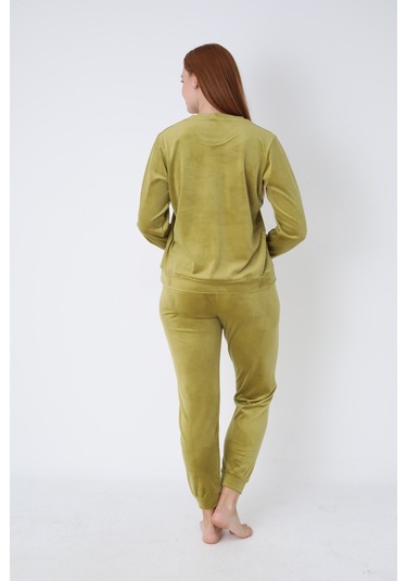 Fıstık Yeşili Kadife Yazı Detaylı Pijama Takımı Fıstık Yeşili