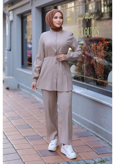 Hakim Yaka Detaylı Tesettür Vizon Takım Vizon