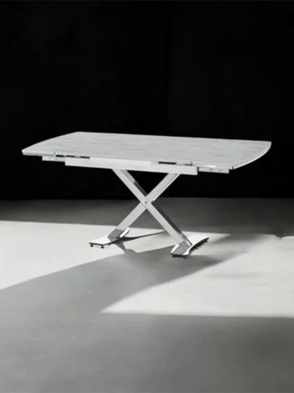 Dengema Diamond Açılır Kapanır Masa Beyaz Mermer, Krom Ayak, 80 120/180 Cm, 4 6 Kişilik Sandalyesiz Beyaz Mermer - Krom Ayak