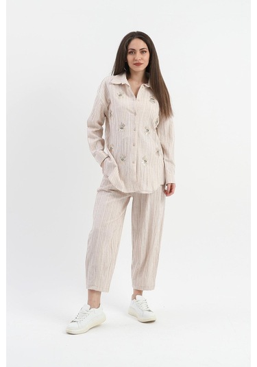 Yanı Yırtmaçlı Krinkıl Kumaş Göz Nakışlı Keten Gömlek - Bej-bej Bej
