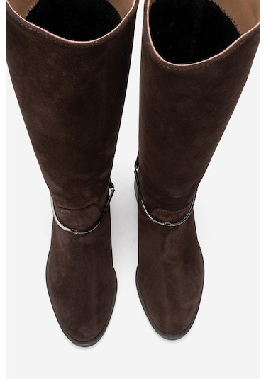 Ansel Kahverengi Süet Hakiki Deri Bilek Kayışlı Kadın Binici Çizme Kahverengi