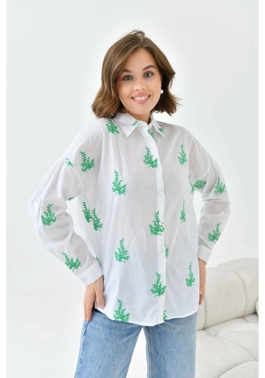 Kadın Yeşil Çiçek Nakış İşlemeli İnce Pamuk Gömlek Yeşil
