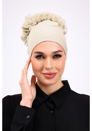 Kaymayan Fırfırlı Silikonlu Dikişsiz Bone Krem - Kaymaz Kadın Tesettür Bağlamalı İç Bone Krem