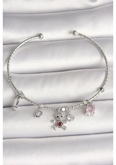 Pirinç Gümüş Renk Sallantı Zirkon Taşlı Ayıcık Figür Kırmızı Taş Detay Charm Kadın Bileklik - Tj-bb6912 Diğer